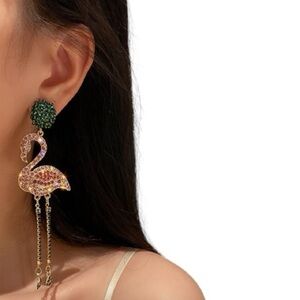 Rhinestone Pink Flamingo Dangle Drop Statement Stud Post Earrings NEW